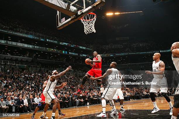 Luol Deng of the Chicago Bulls drives to the basket against the Brooklyn Nets in Game Two of the Eastern Conference Quarterfinals during the 2013 NBA...