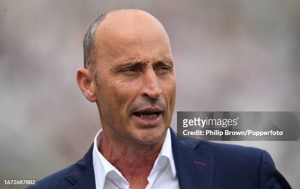 Nasser Hussain working for Sky Sports talks before the 2nd One Day International between England and New Zealand at The Ageas Bowl on September 10,...