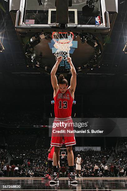 Joakim Noah of the Chicago Bulls during the game against the Brooklyn Nets in Game Two of the Eastern Conference Quarterfinals during the 2013 NBA...