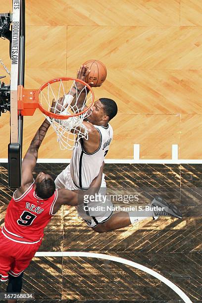 Joe Johnson of the Brooklyn Nets drives to the basket against the Chicago Bulls in Game Two of the Eastern Conference Quarterfinals during the 2013...
