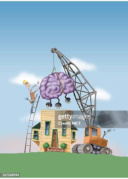 Col x 10.75 in / 196x273 mm / 667x929 pixels Lee Hulteng color illustration of construction crane and worker on a ladder placing a large brain with...