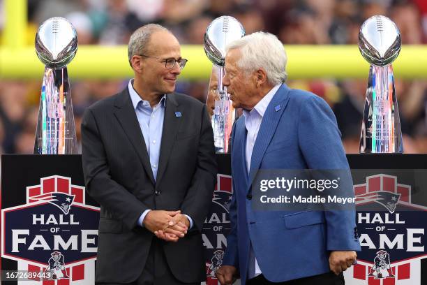 New England Patriots President Jonathan Kraft and New England Patriots owner Robert Kraft speaks during a ceremony honoring former New England...