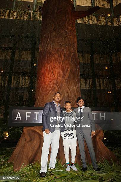 Actors Will Smith, Jaden Smith and director M Night Shyamalan attend the "After Earth" photocall during the 5th Annual Summer Of Sony on April 23,...