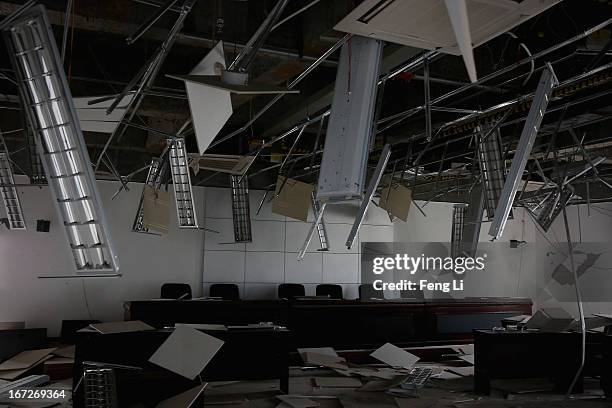 General view of the meeting room from a collapsed building after a strong earthquake hit Southwest China's Sichuan Province on April 23, 2013 in...