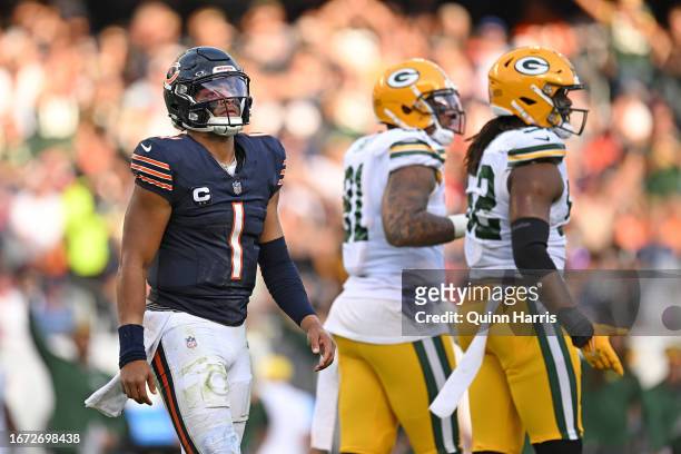 Justin Fields of the Chicago Bears reacts after fumbling the ball against the Green Bay Packers during the second half at Soldier Field on September...