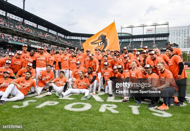 September 17: The Baltimore Orioles pose of the field following the Tampa Bay Rays versus the Baltimore Orioles on September 17, 2023 at Oriole Park...