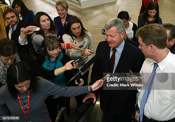 Sen. Max Baucus is trailed by reporters April 23, 2013 on Capitol Hill in Washington, DC. It was announced earlier that Baucus, after 36 years in the...