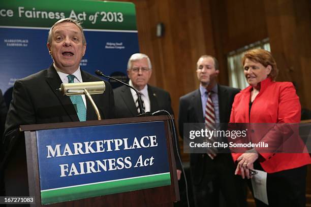 Senate Majority Whip Richard Durbin speaks during a news conference about the Marketplace Fairness Act with Sen. Mike Enzi , Peter Sides of the...