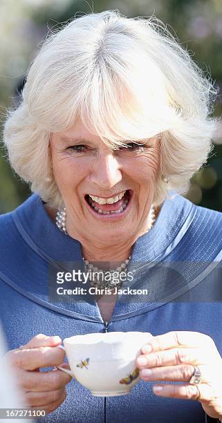 Camilla, Duchess of Cornwall drinks a cup of tea in Clarence House garden as she hosts a tea party to celebrate the 5th Anniversary of the charity...