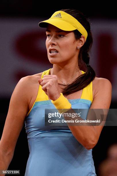 Ana Ivanovic of Serbia reacts during her match against Andrea Petkovic of Germany during Day 2 of the Porsche Tennis Grand Prix at Porsche-Arena on...