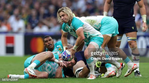 Faf de Klerk of South Africa passes the ball during the Rugby World Cup France 2023 Group B match between South Africa and Scotland at Stade...