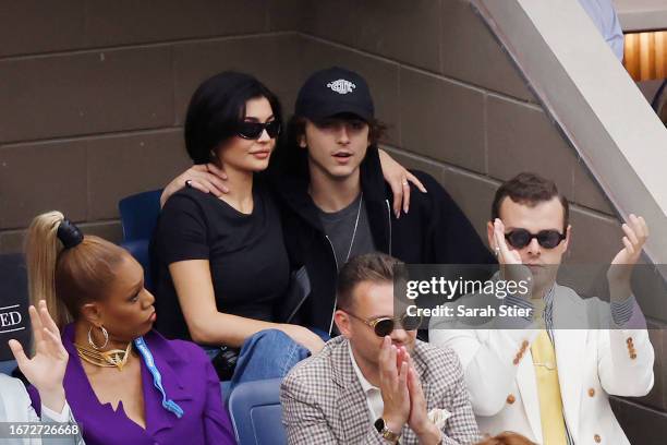 Kylie Jenner and actor Timothée Chalamet look on during the Men's Singles Final match between Novak Djokovic of Serbia and Daniil Medvedev of Russia...