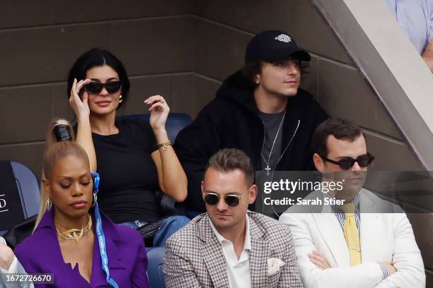 Kylie Jenner and actor Timothée Chalamet look on during the Men's Singles Final match between Novak Djokovic of Serbia and Daniil Medvedev of Russia...