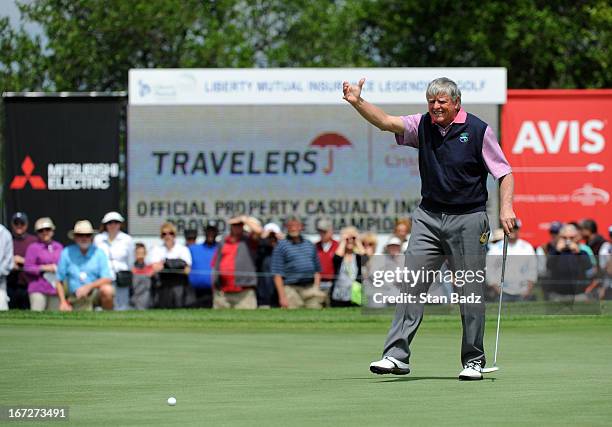 Mike Hill reacts to his putt to tie for a playoff on the 18th green during the final round of the Demaret Division at the Liberty Mutual Insurance...