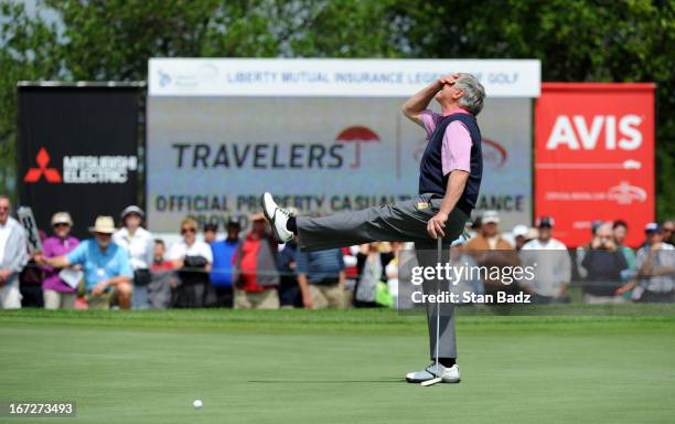 Mike Hill reacts to his putt to tie for a playoff on the 18th green during the final round of the Demaret Division at the Liberty Mutual Insurance...