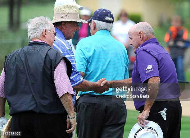 Larry Ziegler and Jim Colbert shake hands after their one-hole playoff during the final round of the Demaret Division at the Liberty Mutual Insurance...