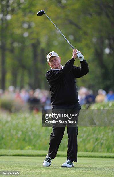 Jack Nicklaus hits a drive on the second hole during the final round of the Demaret Division at the Liberty Mutual Insurance Legends of Golf at The...