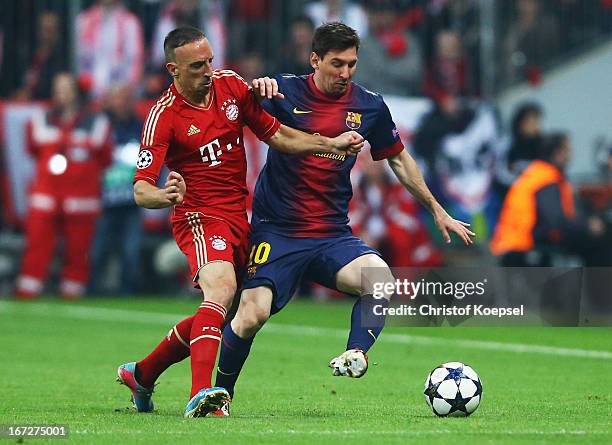 Lionel Messi of Barcelona takes on Franck Ribery of Bayern Muenchen during the UEFA Champions League Semi Final First Leg match between FC Bayern...