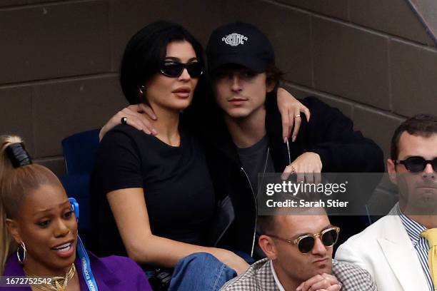 Kylie Jenner and actor Timothée Chalamet look on during the Men's Singles Final match between Novak Djokovic of Serbia and Daniil Medvedev of Russia...