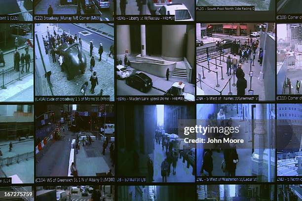 Monitors show imagery from security cameras seen at the Lower Manhattan Security Initiative on April 23, 2013 in New York City. At the...