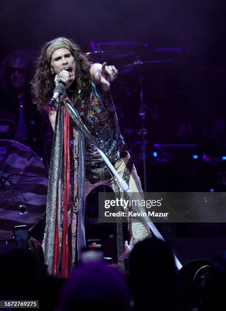 Steve Tyler of Aerosmith performs at UBS Arena on September 09, 2023 in Elmont, New York.