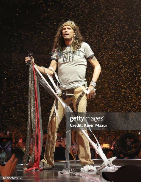 Steve Tyler of Aerosmith performs at UBS Arena on September 09, 2023 in Elmont, New York.