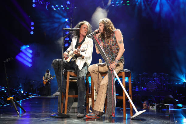 Joe Perry and Steven Tyler perform at UBS Arena on September 09, 2023 in Elmont, New York.