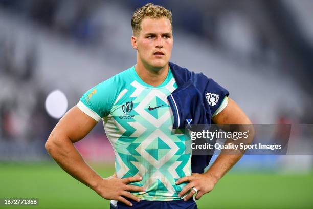 Duhan Van Der Merwe of Scotland looks dejected at full-time following the Rugby World Cup France 2023 match between South Africa and Scotland at...