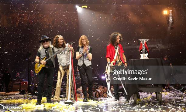 Brad Whitford, Steven Tyler, Tom Hamilton and Joe Perry of Aerosmith perform at UBS Arena on September 09, 2023 in Elmont, New York.