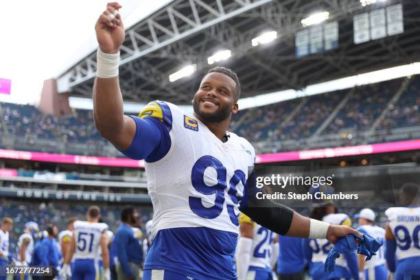 Aaron Donald of the Los Angeles Rams celebrates during the second half against the Seattle Seahawks at Lumen Field on September 10, 2023 in Seattle,...