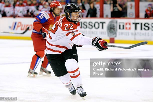 Hayley Wickenheiser of Team Canada shoots the puck during the IIHF Womens World Championship Semi-Final game against Team Russia at Scotiabank Place...