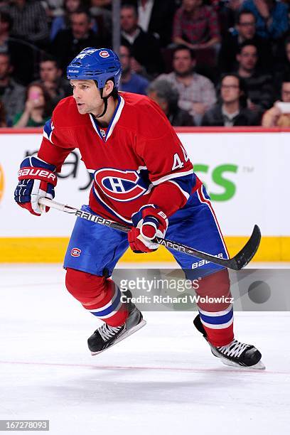 Davis Drewiske of the Montreal Canadiens skates during the NHL game against the Winnipeg Jets at the Bell Centre on April 4, 2013 in Montreal,...