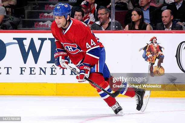 Davis Drewiske of the Montreal Canadiens skates during the NHL game against the Winnipeg Jets at the Bell Centre on April 4, 2013 in Montreal,...
