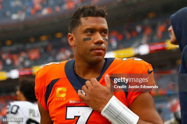 Russell Wilson of the Denver Broncos reacts after his team's 17-16 loss against the Las Vegas Raiders at Empower Field At Mile High on September 10,...