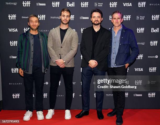 Léo Teste, Edward Parodi, Abu Bakr Shawky and Fabien Westerhoff attend the "Hajjan" premiere during the 2023 Toronto International Film Festival at...