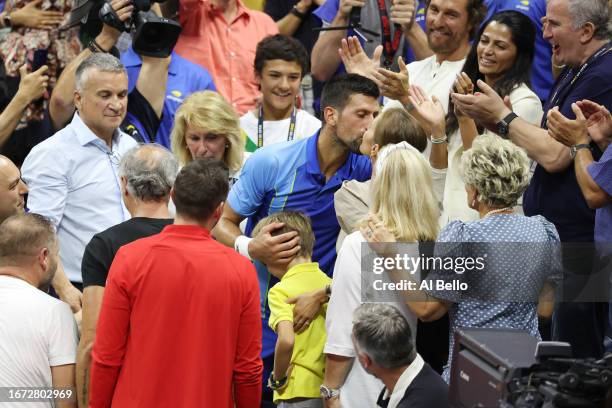 Novak Djokovic of Serbia celebrates with his wife Jelena Djokovic after defeating Daniil Medvedev of Russia during their Men's Singles Final match on...