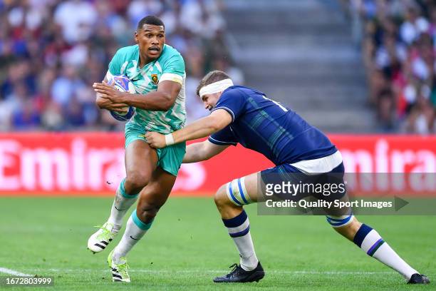 Damian Willemse of South Africa in action during the Rugby World Cup France 2023 match between South Africa and Scotland at Stade Velodrome on...