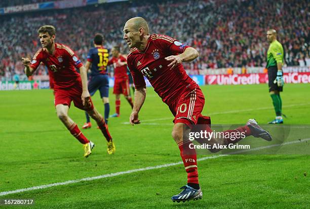 Arjen Robben of Bayern Muenchen celebrates scoring the third goal during the UEFA Champions League Semi Final First Leg match between FC Bayern...