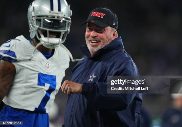 Head coach Mike McCarthy of the Dallas Cowboys is seen on the field prior to a game against the New York Giants at MetLife Stadium on September 10,...