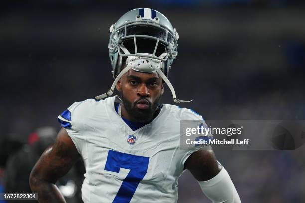 Trevon Diggs of the Dallas Cowboys warms up prior to a game against the New York Giants at MetLife Stadium on September 10, 2023 in East Rutherford,...