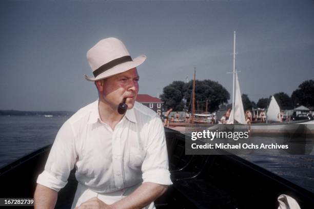 Madison Avenue advertising executive relaxes on his boat circa 1950 in New York City, New York.