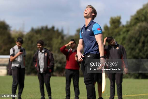 Black Cap Jimmy Neesham plays backyard cricket with students after the New Zealand ICC Men's Cricket World Cup Squad Announcement at Papatoetoe High...