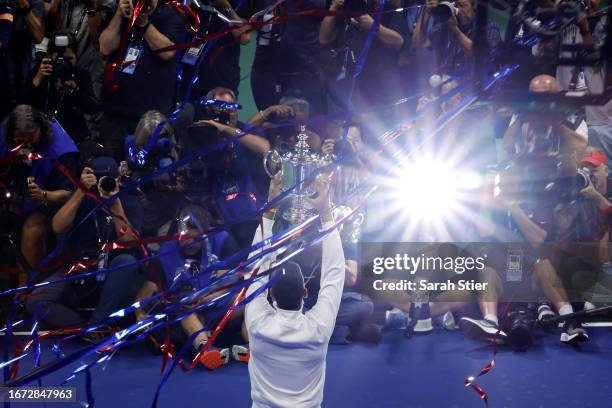 Novak Djokovic of Serbia celebrates after defeating Daniil Medvedev of Russia during their Men's Singles Final match on Day Fourteen of the 2023 US...