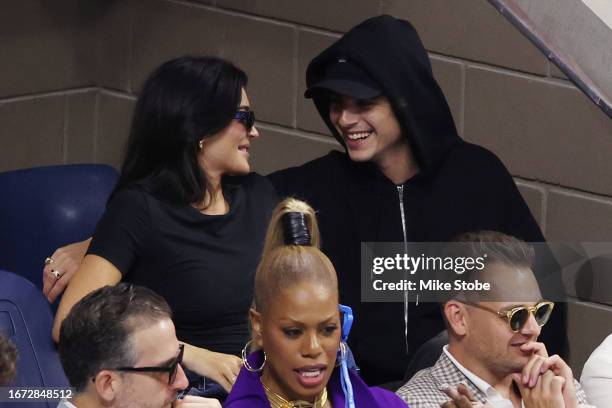 Kylie Jenner and actor Timothée Chalamet look on during the Men's Singles Final match between Novak Djokovic of Serbia and Daniil Medvedev of Russia...