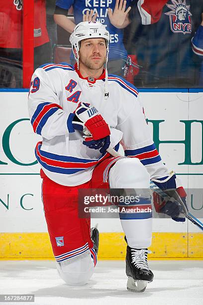 Ryane Clowe of the New York Rangers prior to the game against the Florida Panthers at the BB&T Center on April 23, 2013 in Sunrise, Florida.