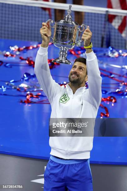 Novak Djokovic of Serbia celebrates after defeating Daniil Medvedev of Russia during their Men's Singles Final match on Day Fourteen of the 2023 US...