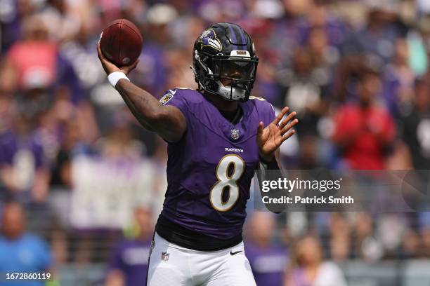 Quarterback Lamar Jackson of the Baltimore Ravens passes the ball against the Houston Texans at M&T Bank Stadium on September 10, 2023 in Baltimore,...