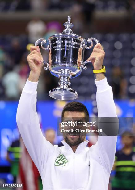 Novak Djokovic of Serbia celebrates after defeating Daniil Medvedev of Russia during their Men's Singles Final match on Day Fourteen of the 2023 US...