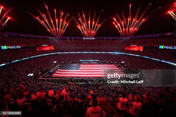 General view during the national anthem prior to a game between the Dallas Cowboys and the New York Giants at MetLife Stadium on September 10, 2023...
