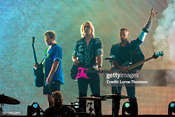 James Bourne, Charlie Simpson and Matt Willis of Busted perform at The O2 Arena on September 10, 2023 in London, England.